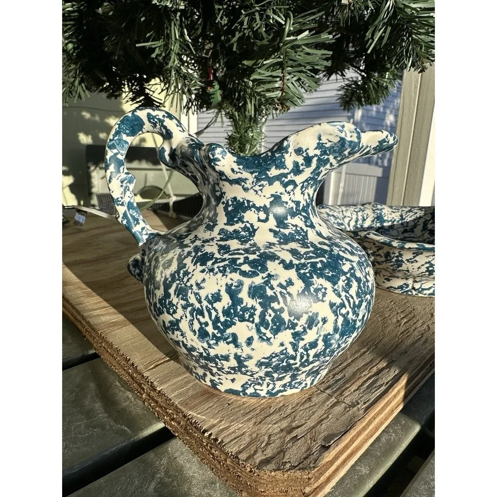Vtg McCoy Blue Country Spongeware‎ Stoneware Pottery Small Pitcher And Bowl Set